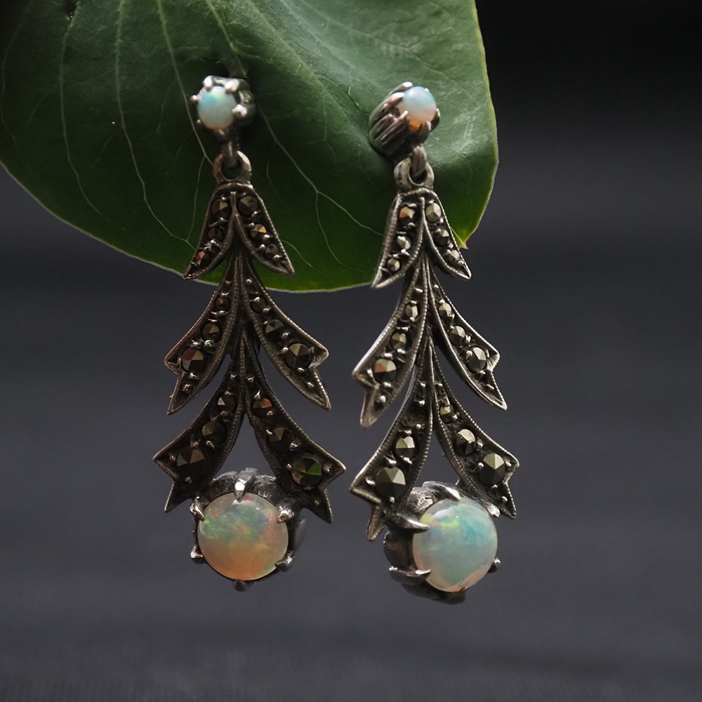 天然オパール×マーカサイト アールデコ・シルバーピアス