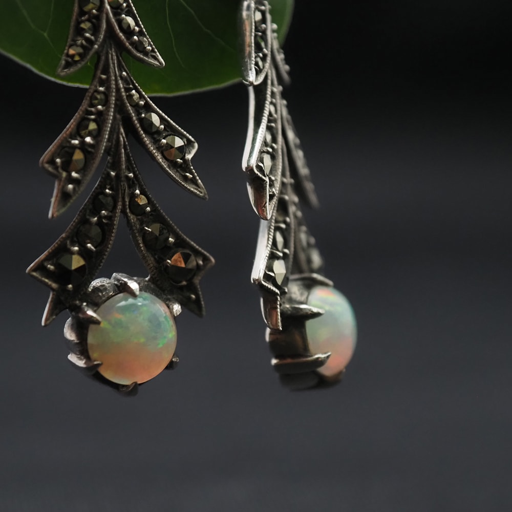 天然オパール×マーカサイト アールデコ・シルバーピアス