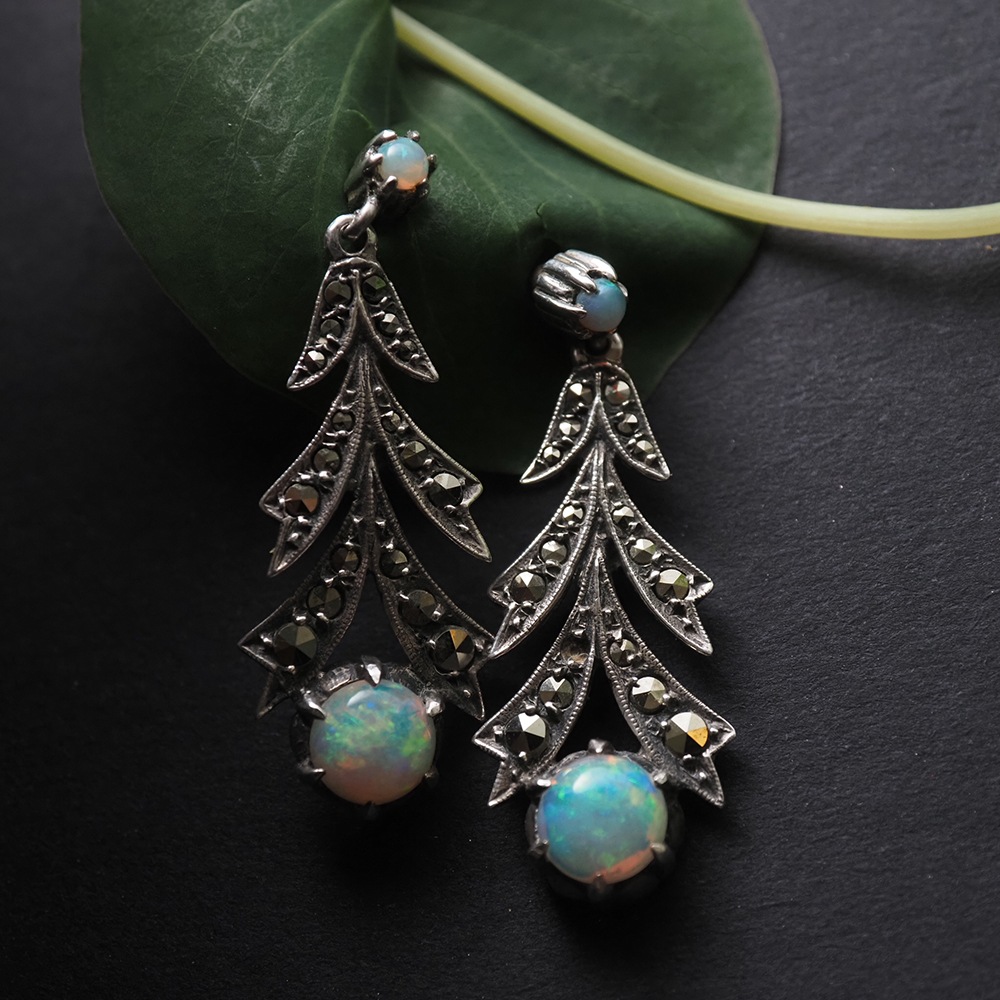 天然オパール×マーカサイト アールデコ・シルバーピアス