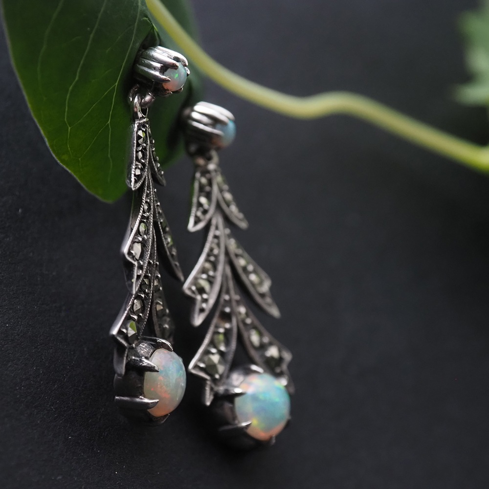 天然オパール×マーカサイト アールデコ・シルバーピアス