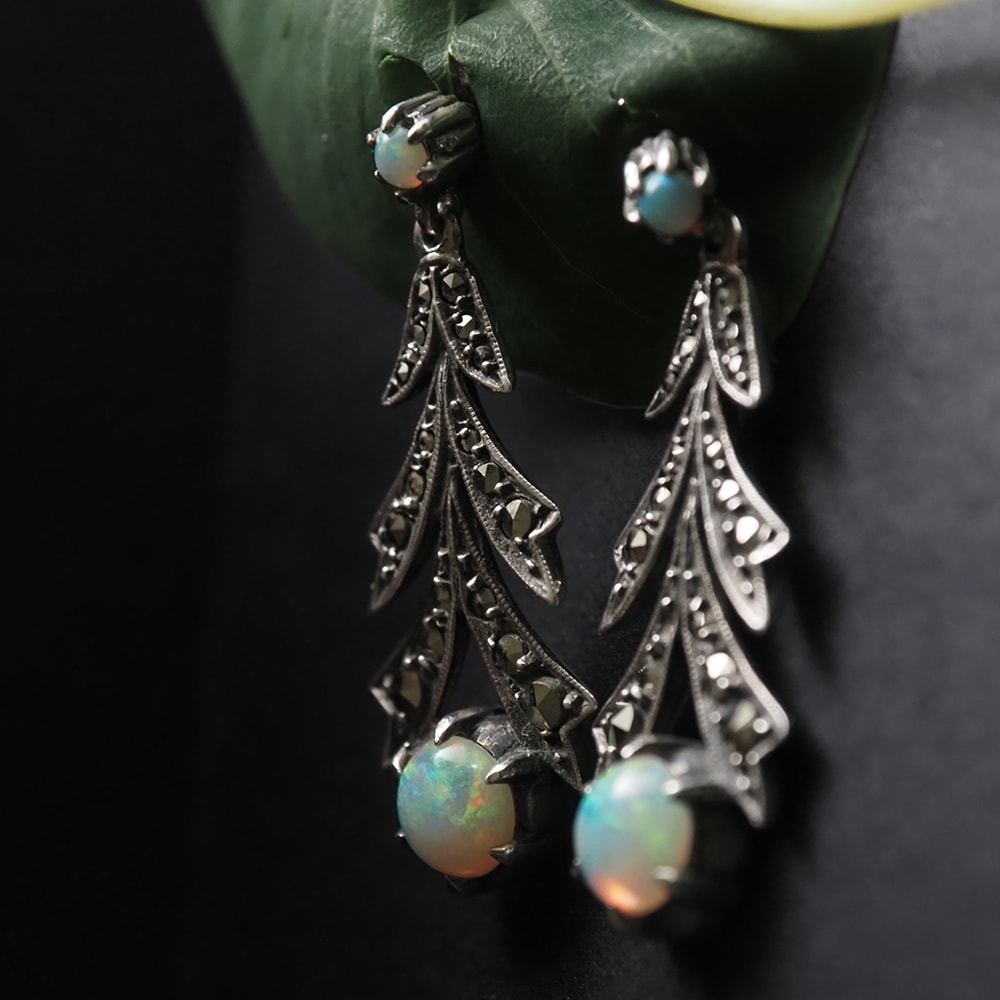 天然オパール×マーカサイト アールデコ・シルバーピアス