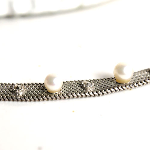 アールデコ シルバーメッシュ パール&マーカサイト ネックレス