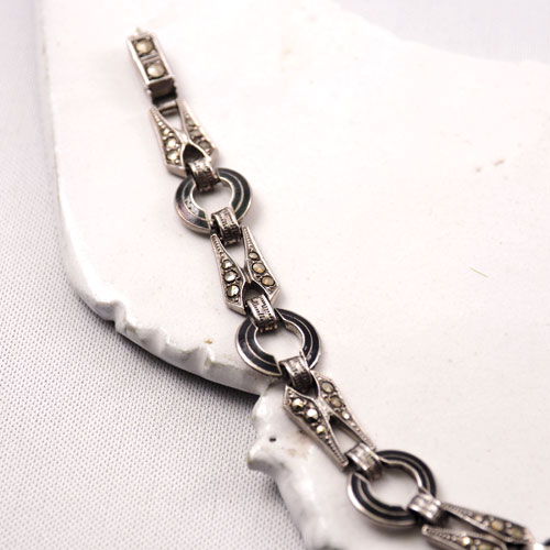 シルバー　ブラックエナメル＆マーカサイト　アールデコブレスレット