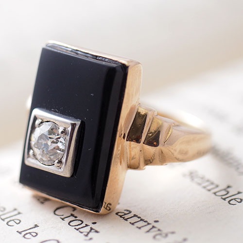 9金オニキス 天然ダイヤモンド アールデコリング