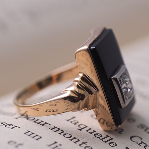 9金オニキス 天然ダイヤモンド アールデコリング