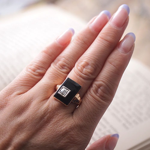 9金オニキス 天然ダイヤモンド アールデコリング