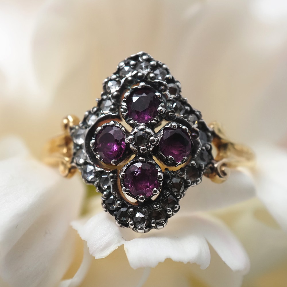 14金　天然ルビー＆ローズカットダイヤモンド 四つ葉のクラスターリング