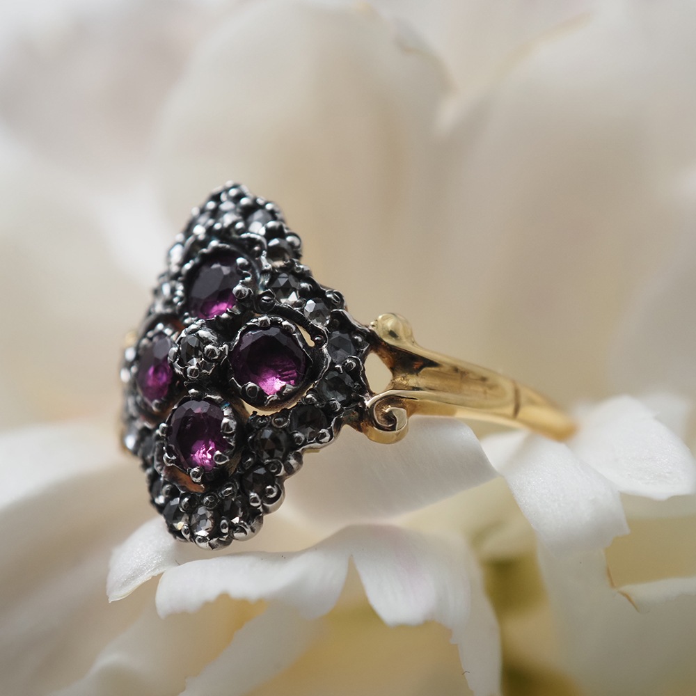 14金　天然ルビー＆ローズカットダイヤモンド 四つ葉のクラスターリング