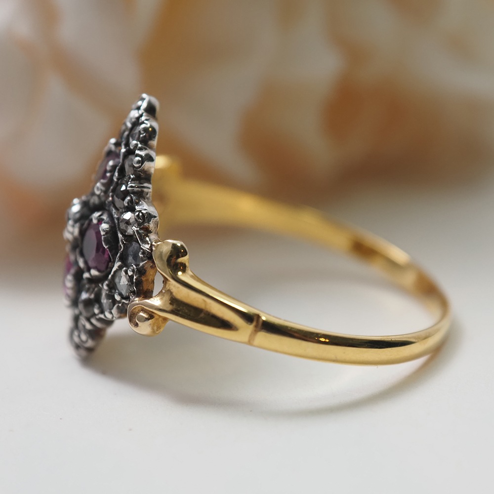 14金　天然ルビー＆ローズカットダイヤモンド 四つ葉のクラスターリング