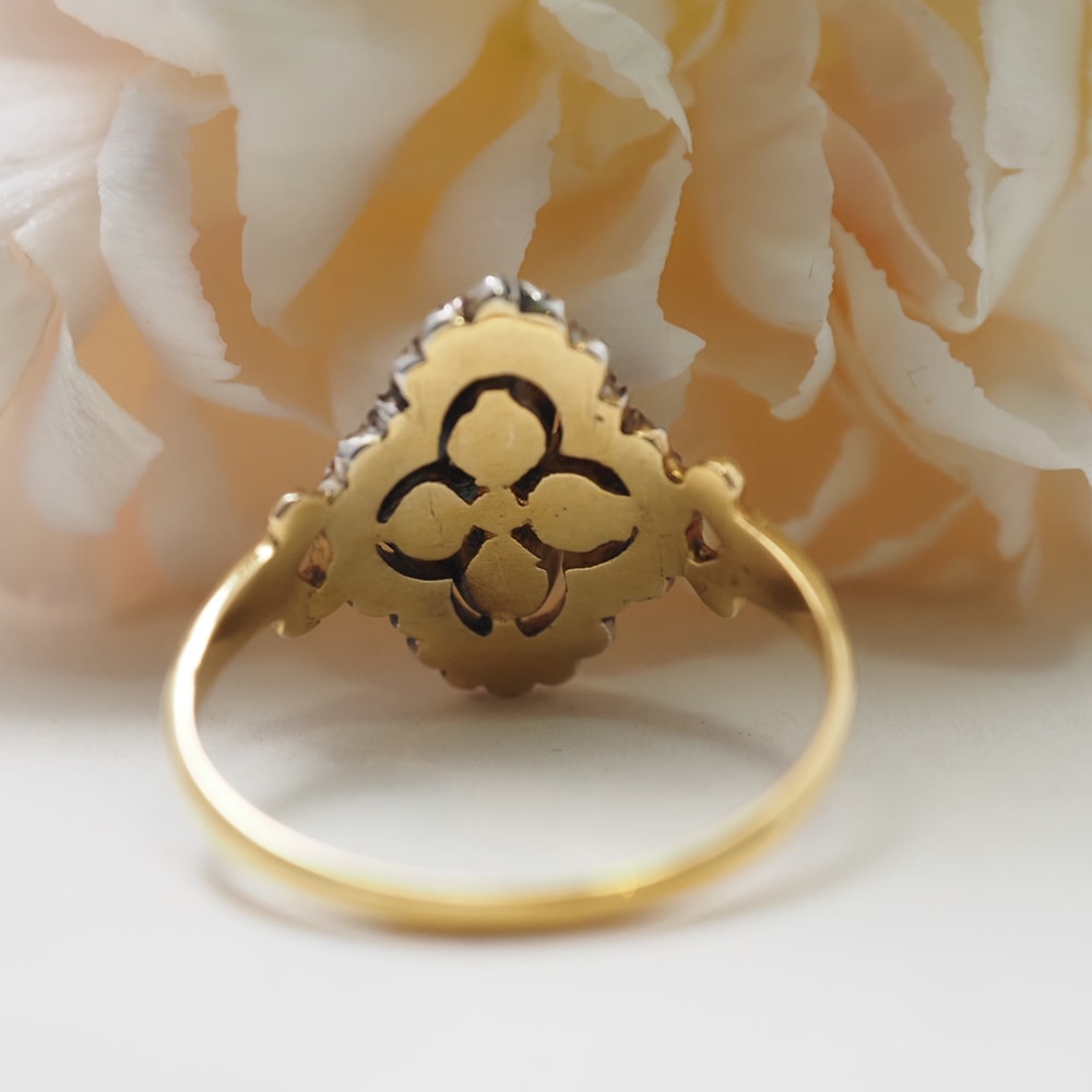 14金　天然ルビー＆ローズカットダイヤモンド 四つ葉のクラスターリング