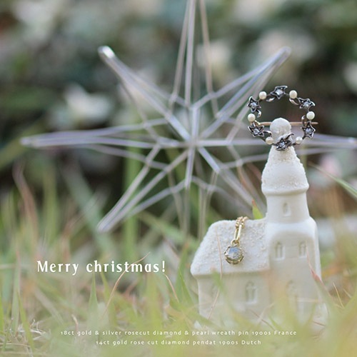 18金 シルバー ローズカットダイヤモンド&シードパール リースブローチ