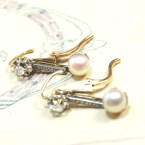 18金　パール＆ローズカットダイヤモンド　アールデコピアス