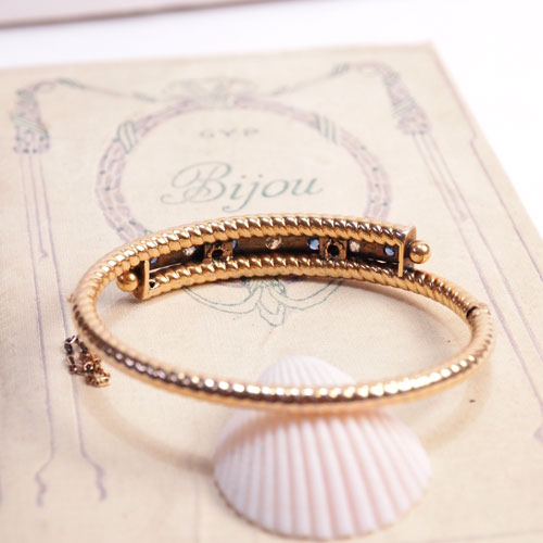 9金 天然ブルーサファイヤ&ダイヤモンド ヒンジバングル