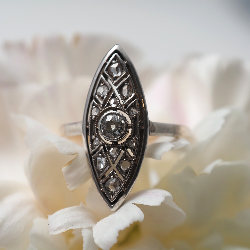 14金シルバー 天然ダイヤモンド マーキス・フィリグリーリング