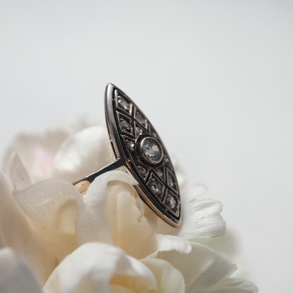 14金シルバー 天然ダイヤモンド マーキス・フィリグリーリング