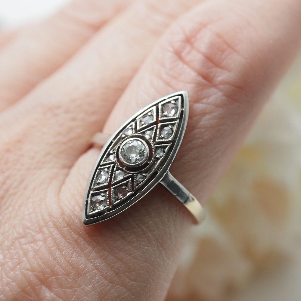 14金シルバー 天然ダイヤモンド マーキス・フィリグリーリング