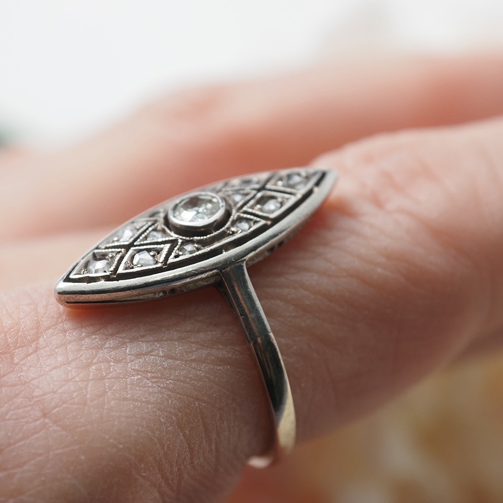 14金シルバー 天然ダイヤモンド マーキス・フィリグリーリング