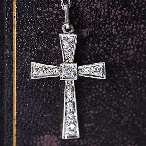 18金 ホワイトゴールド ダイヤモンド アールデコクロス(フランス アンティークジュエリー)