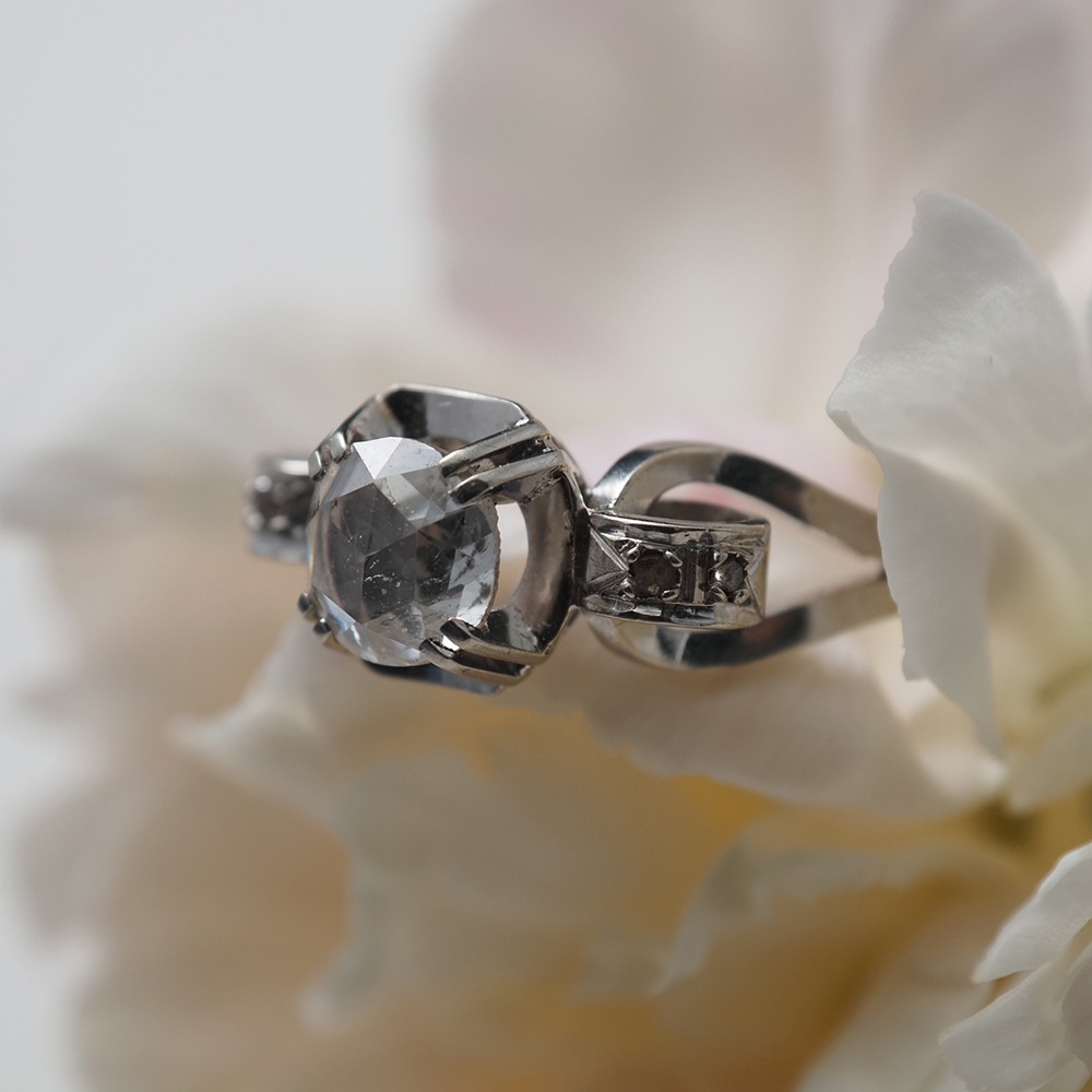 18金ホワイトゴールド 天然ローズカットダイヤモンド アールデコリング