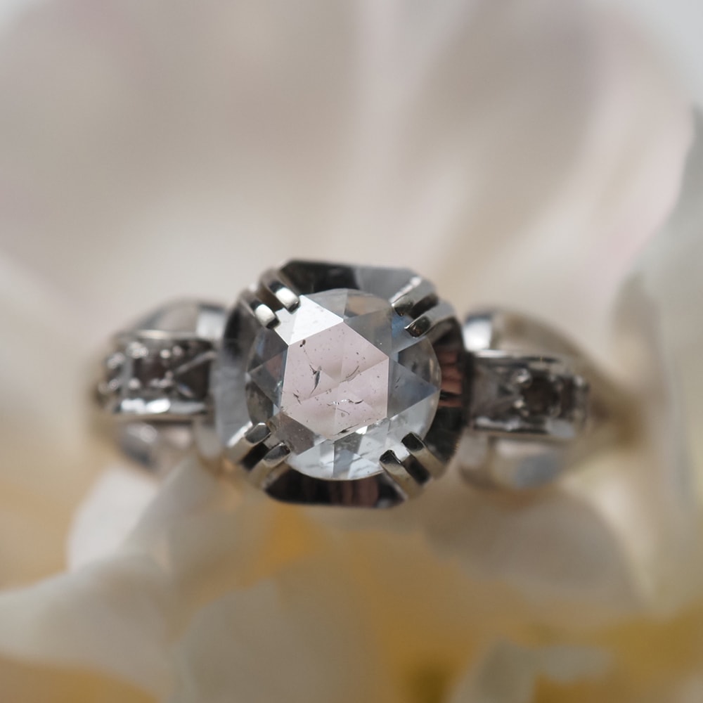 18金ホワイトゴールド 天然ローズカットダイヤモンド アールデコリング