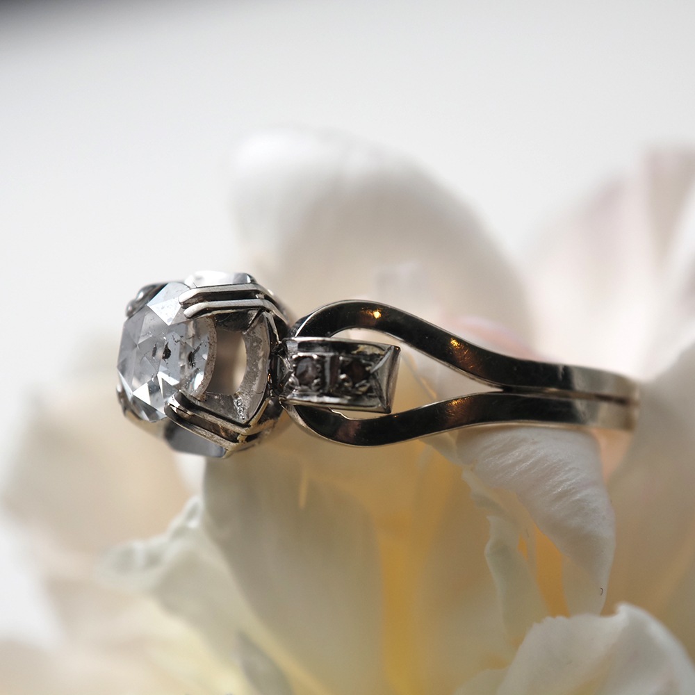 18金ホワイトゴールド 天然ローズカットダイヤモンド アールデコリング