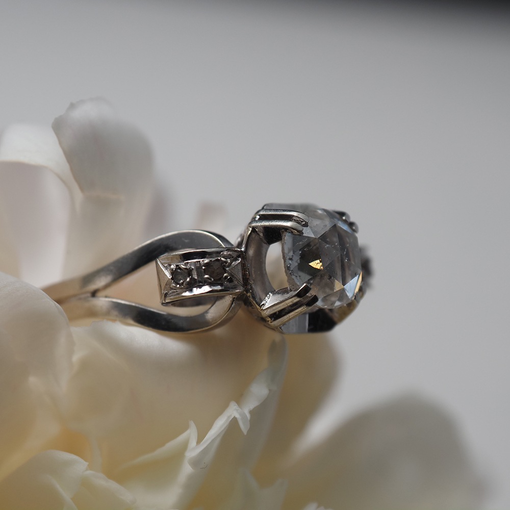 18金ホワイトゴールド 天然ローズカットダイヤモンド アールデコリング