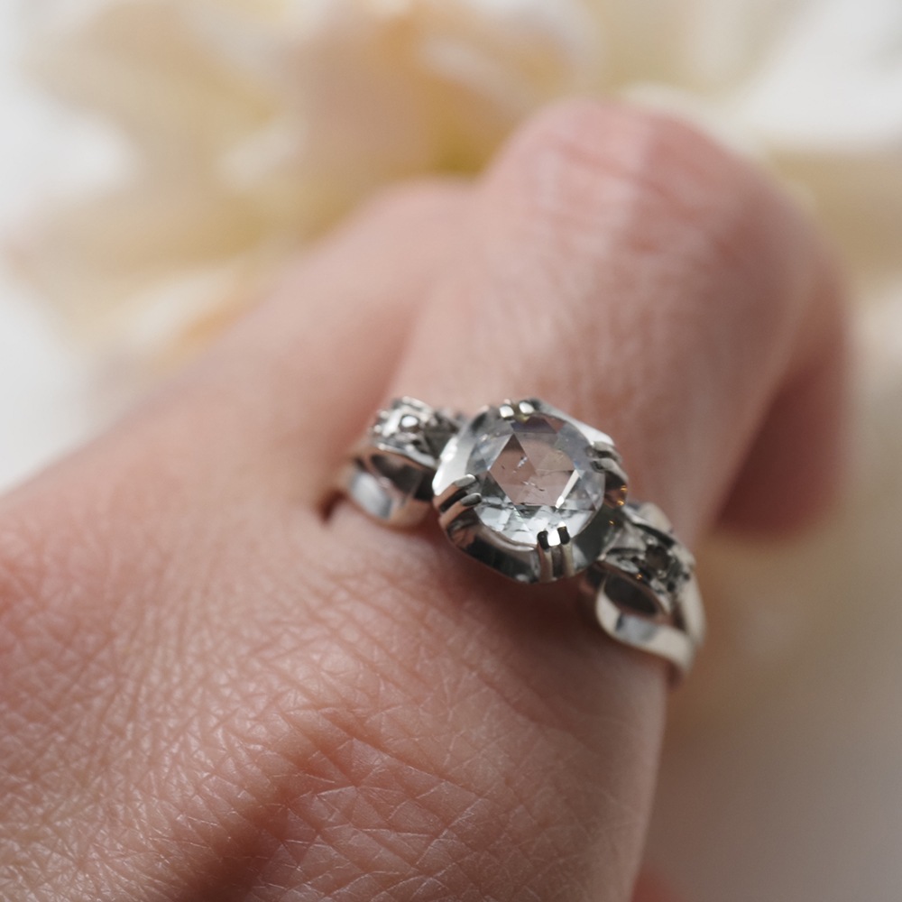 18金ホワイトゴールド 天然ローズカットダイヤモンド アールデコリング