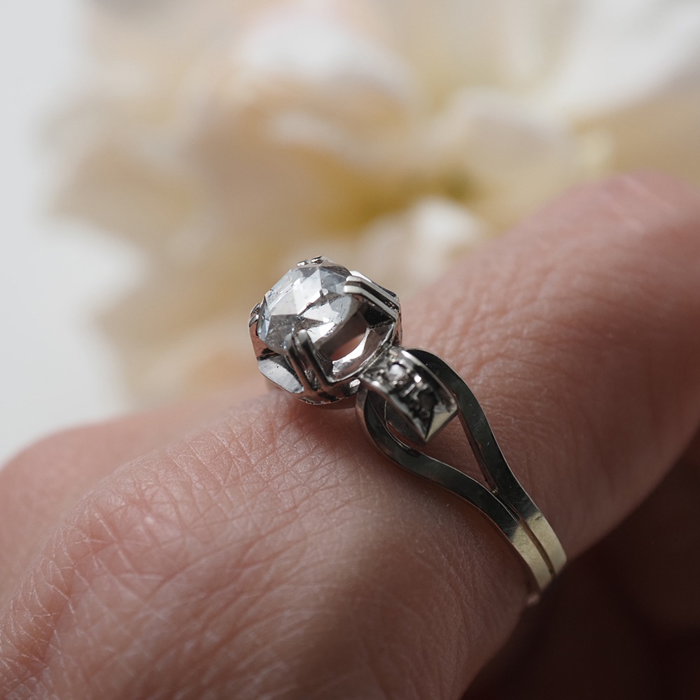 18金ホワイトゴールド 天然ローズカットダイヤモンド アールデコリング