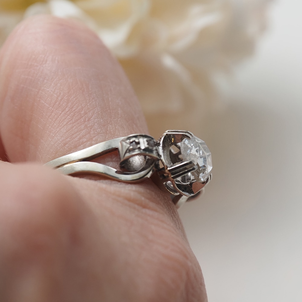 18金ホワイトゴールド 天然ローズカットダイヤモンド アールデコリング