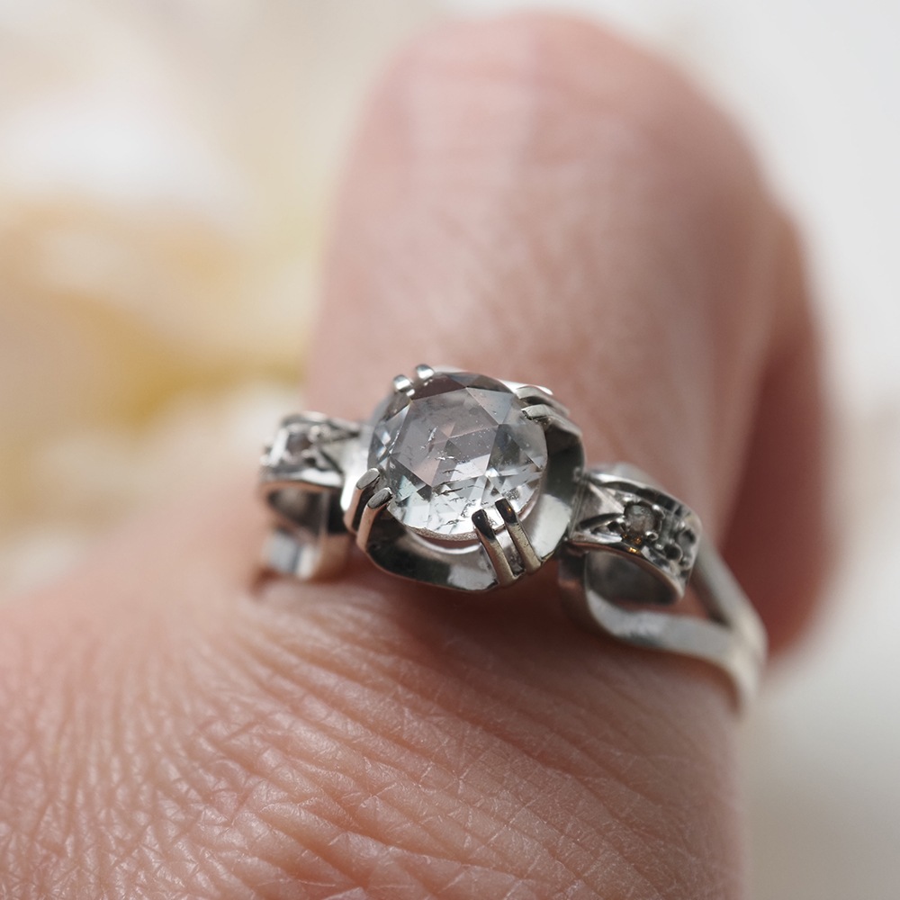 18金ホワイトゴールド 天然ローズカットダイヤモンド アールデコリング