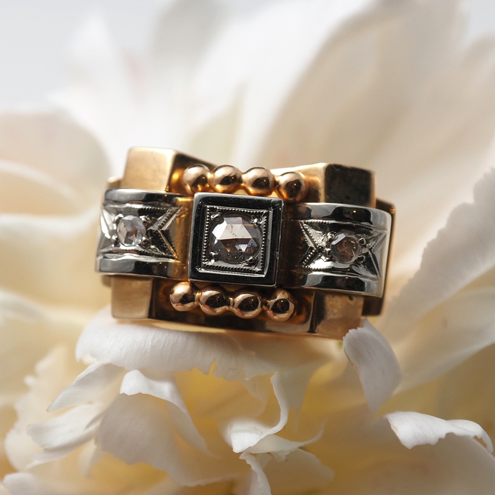 18金 天然ローズカットダイヤモンド アールデコ・カクテル タンクリング