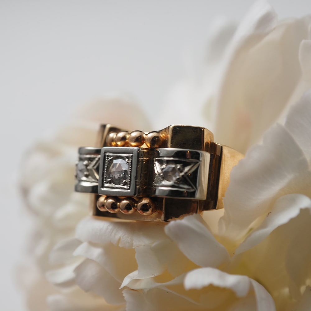 18金 天然ローズカットダイヤモンド アールデコ・カクテル タンクリング