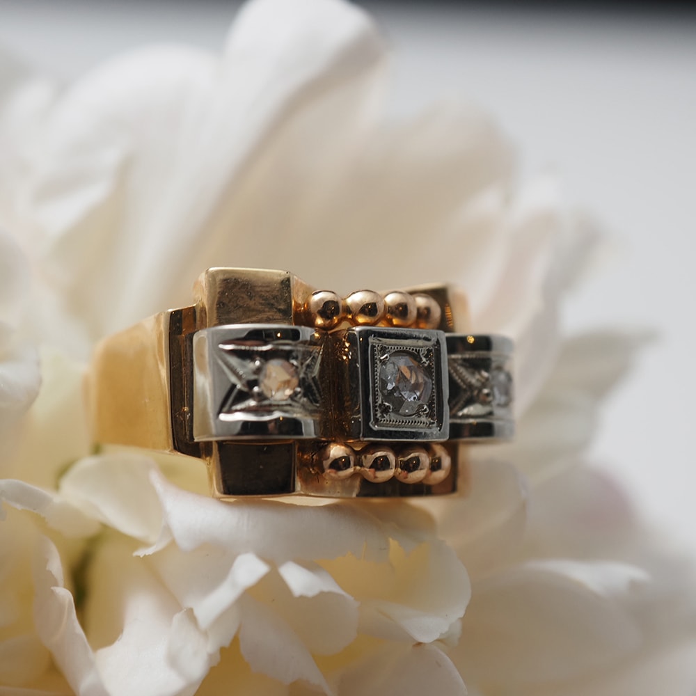 18金 天然ローズカットダイヤモンド アールデコ・カクテル タンクリング