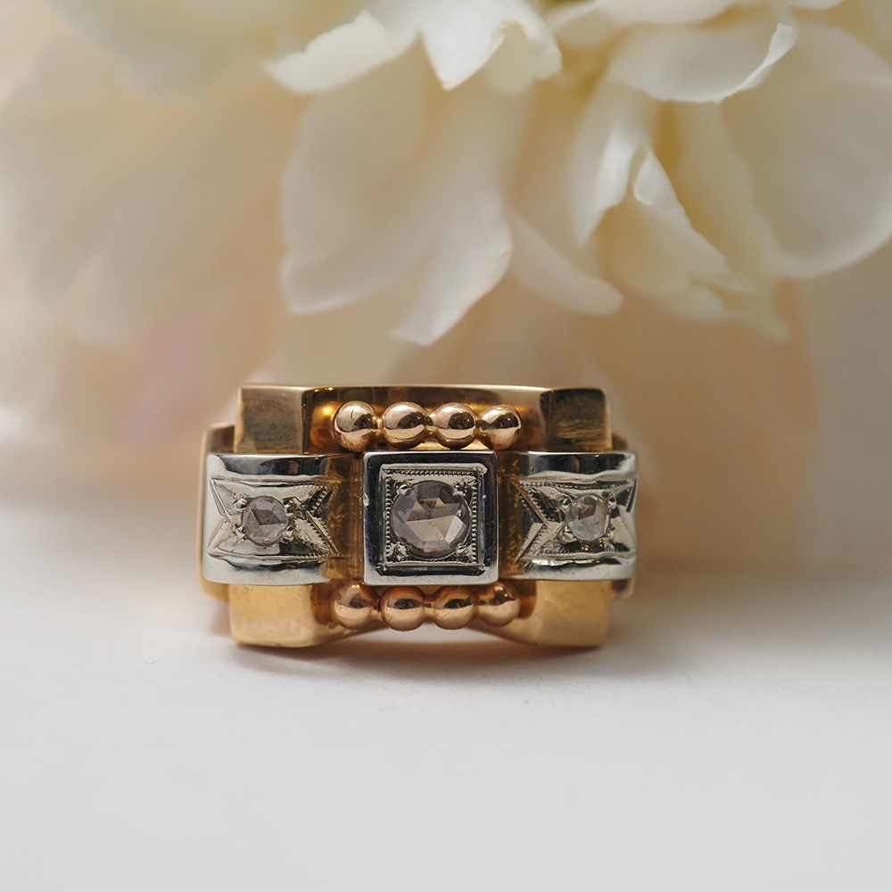 18金 天然ローズカットダイヤモンド アールデコ・カクテル タンクリング