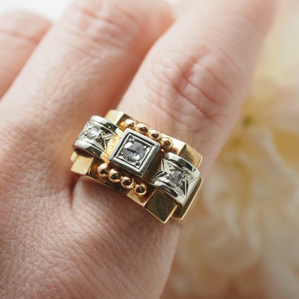 18金 天然ローズカットダイヤモンド アールデコ・カクテル タンクリング