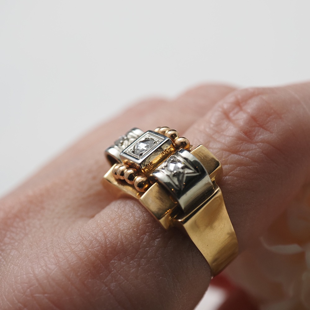 18金 天然ローズカットダイヤモンド アールデコ・カクテル タンクリング