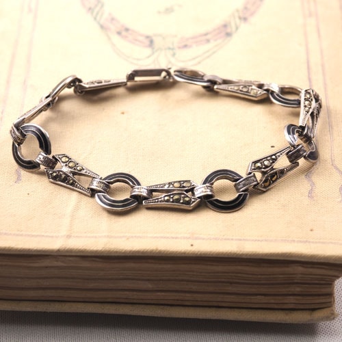 シルバー　ブラックエナメル＆マーカサイト　アールデコブレスレット