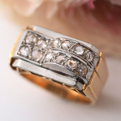 18金　ローズカットダイヤモンド　アールデコカクテルリング（アンティークジュエリー）