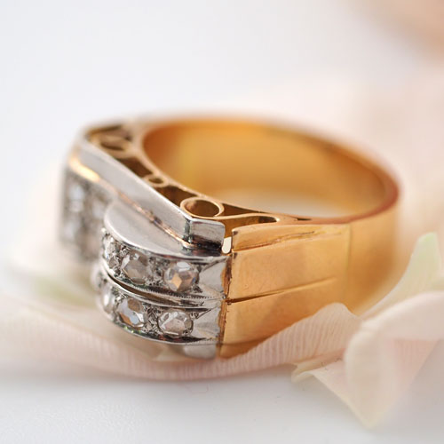 18金　ローズカットダイヤモンド　アールデコカクテルリング（アンティークジュエリー）