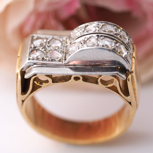 18金　ローズカットダイヤモンド　アールデコカクテルリング（アンティークジュエリー）