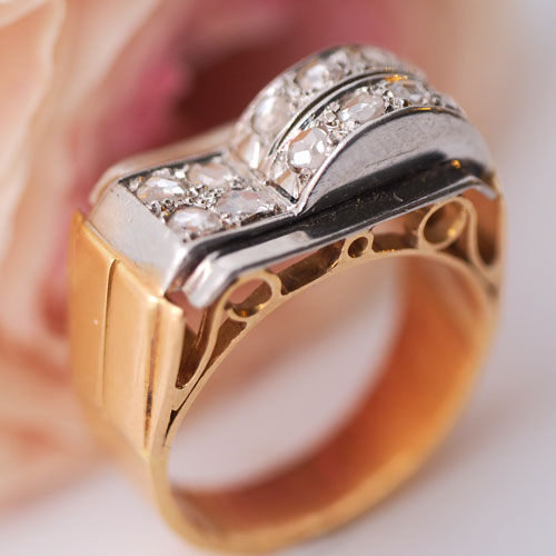 18金　ローズカットダイヤモンド　アールデコカクテルリング（アンティークジュエリー）