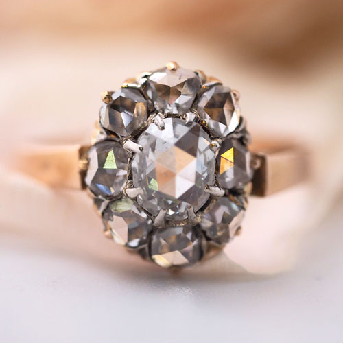 18金　ローズカットダイヤモンド　クラスターオーヴァルリング（アンティークジュエリー）
