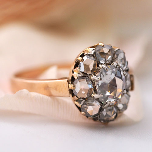 18金　ローズカットダイヤモンド　クラスターオーヴァルリング（アンティークジュエリー）