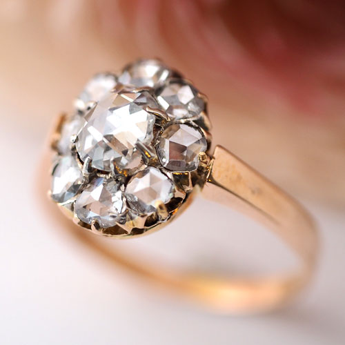 18金　ローズカットダイヤモンド　クラスターオーヴァルリング（アンティークジュエリー）