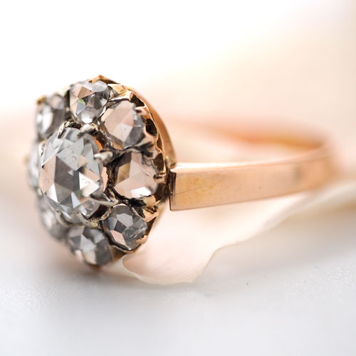 18金　ローズカットダイヤモンド　クラスターオーヴァルリング（アンティークジュエリー）