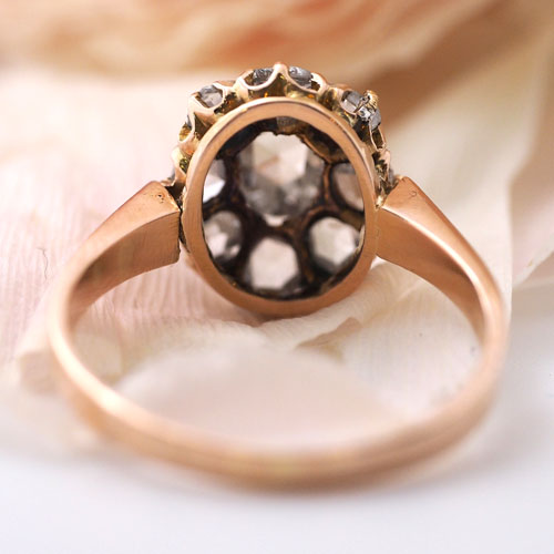 18金　ローズカットダイヤモンド　クラスターオーヴァルリング（アンティークジュエリー）