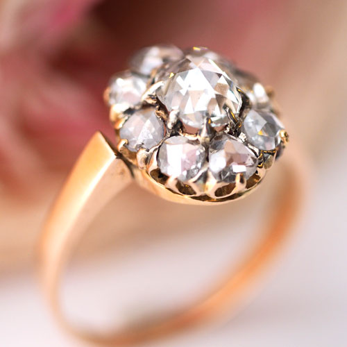 18金　ローズカットダイヤモンド　クラスターオーヴァルリング（アンティークジュエリー）