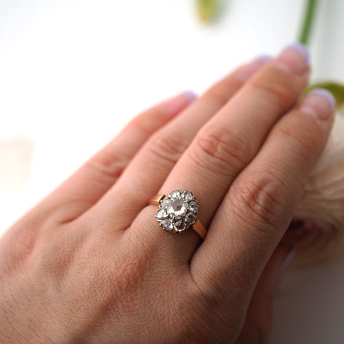 18金　ローズカットダイヤモンド　クラスターオーヴァルリング（アンティークジュエリー）