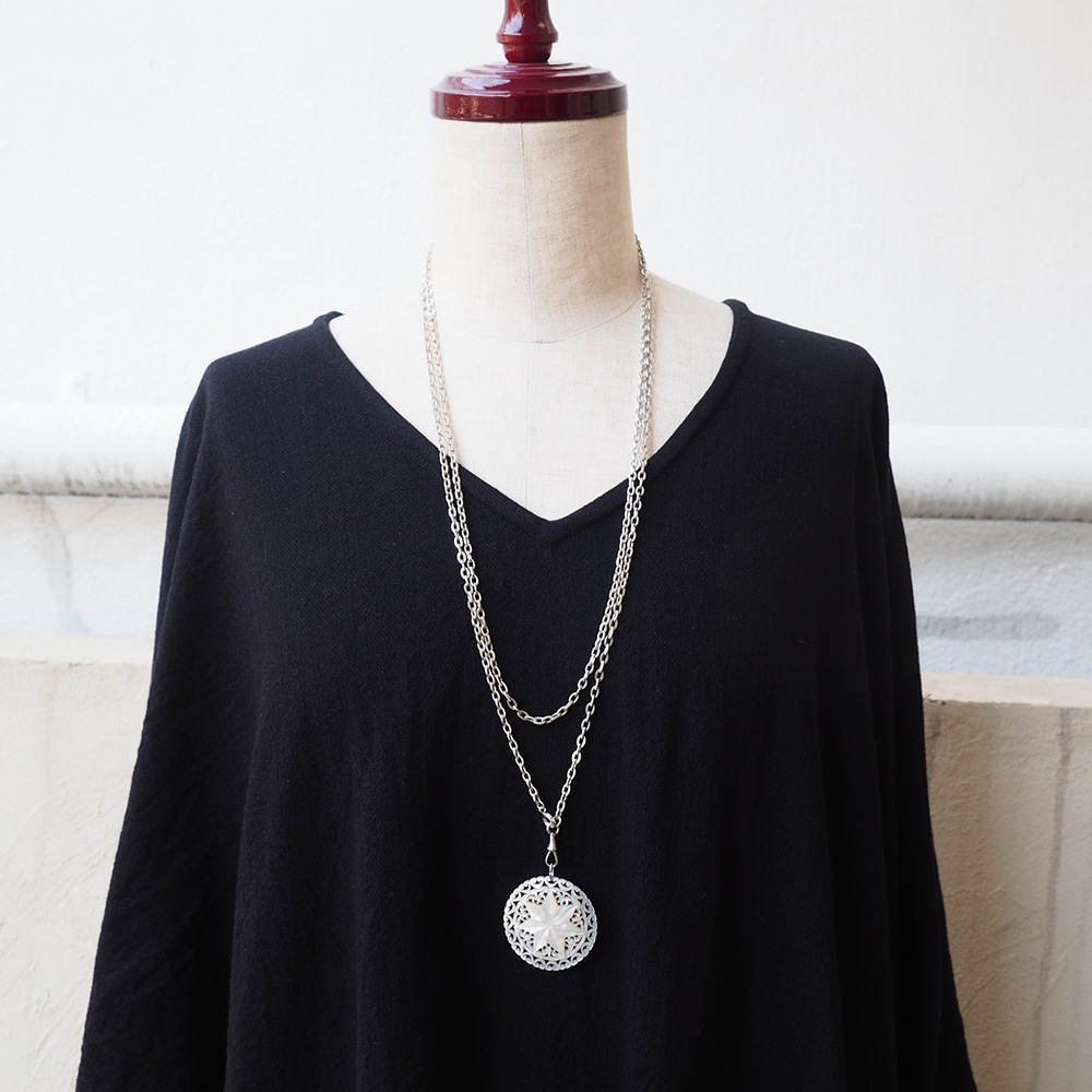 シルバー 2テキスチャーリンクアンティークチェーン　142cm