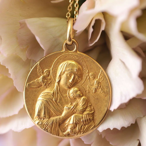 18金 聖母子と天使、キリストのメダイ(アンティークジュエリー)